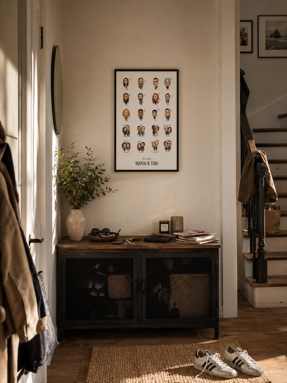 Framed team poster in an office hallway – illustration