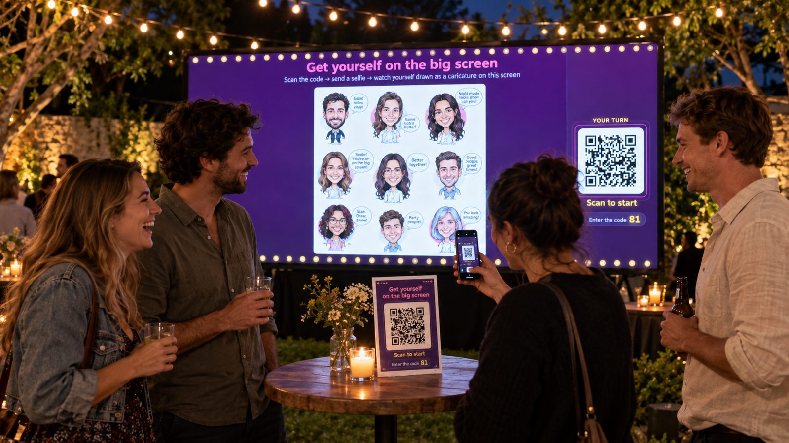 Outdoor wedding screen with drawn guest portraits – illustration