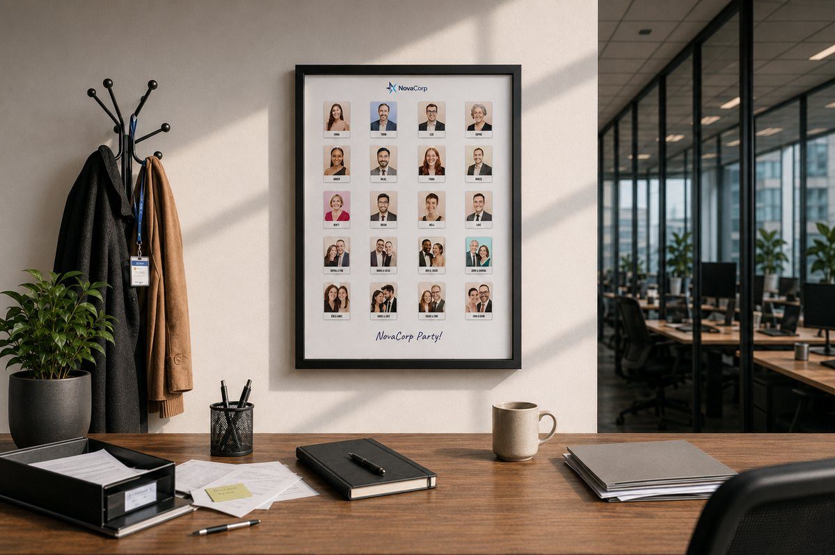Framed group portrait poster in an office – illustration