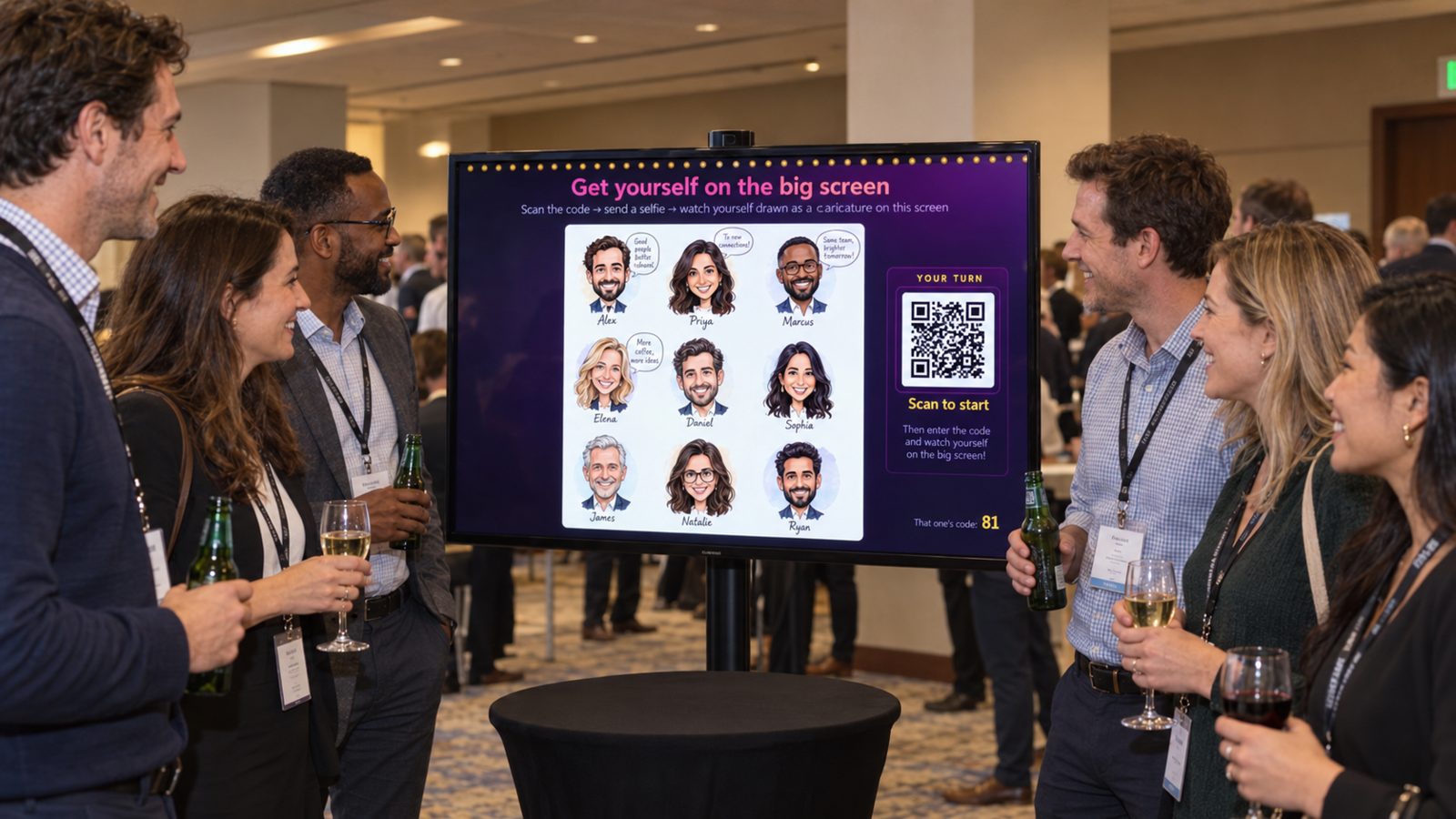 Corporate event guests in front of the GuestCanvas screen showing illustrated portraits, names, messages and a QR code – illustration
