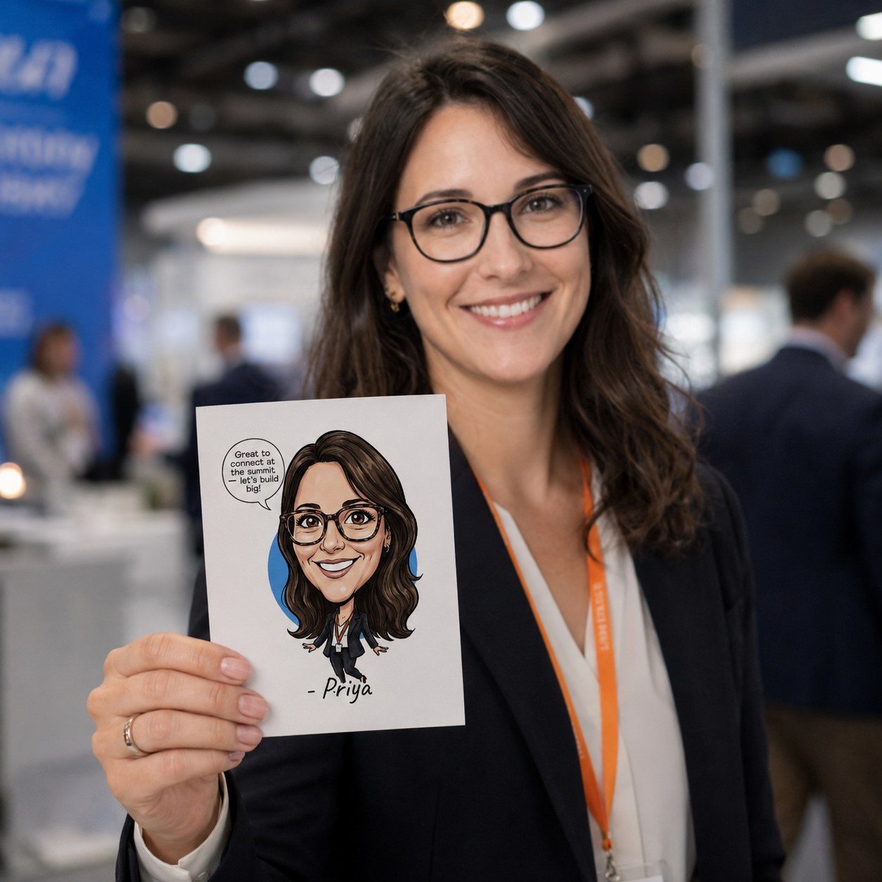Guest holding a printed caricature portrait – illustration